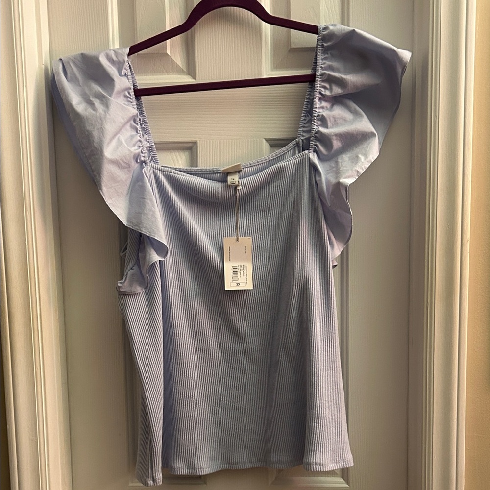 Elegant Light Blue Ruffle Sleeve Top